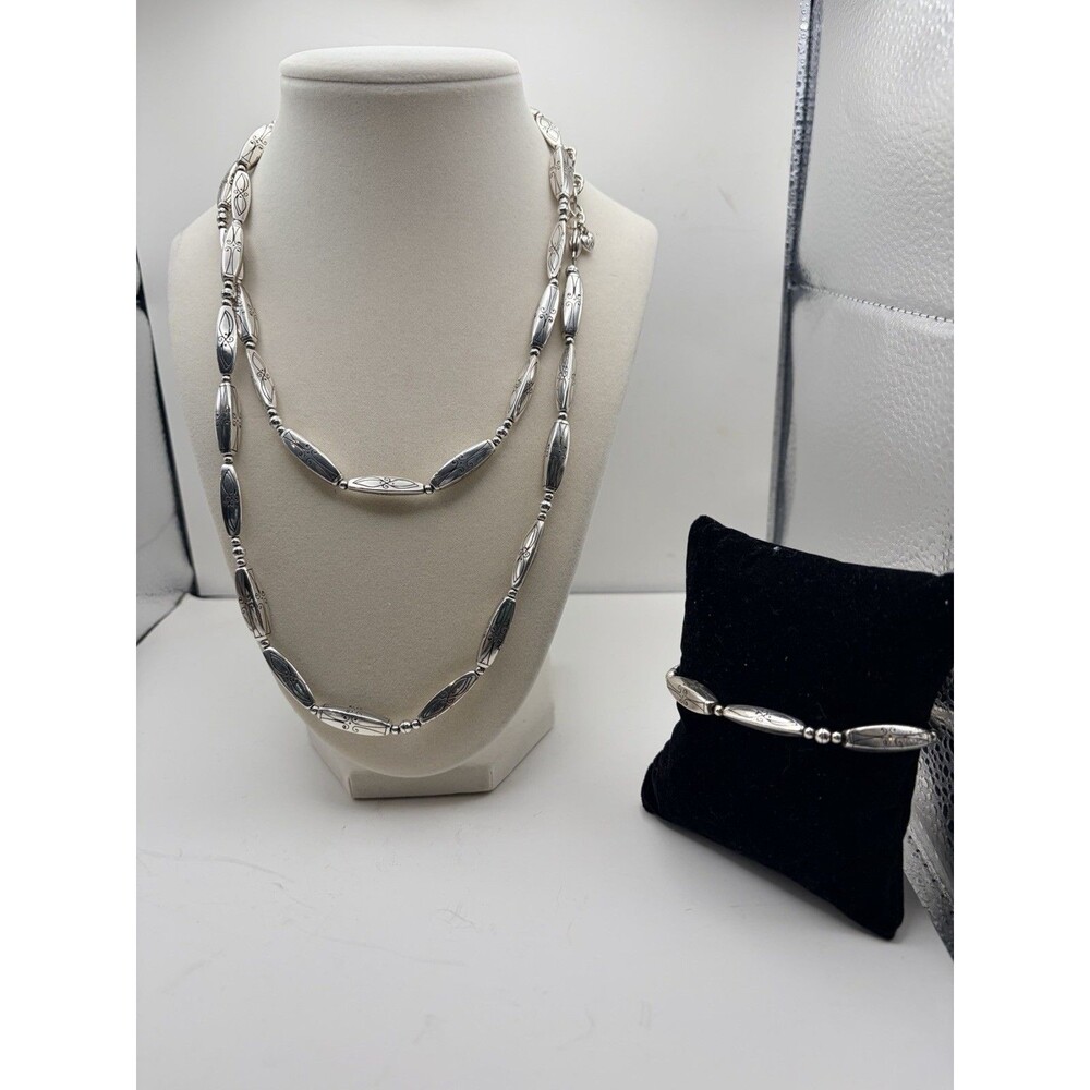 Brighton Silvertone Tubular Scroll Barrel Bead Necklace And Bracelet Set + Pouch